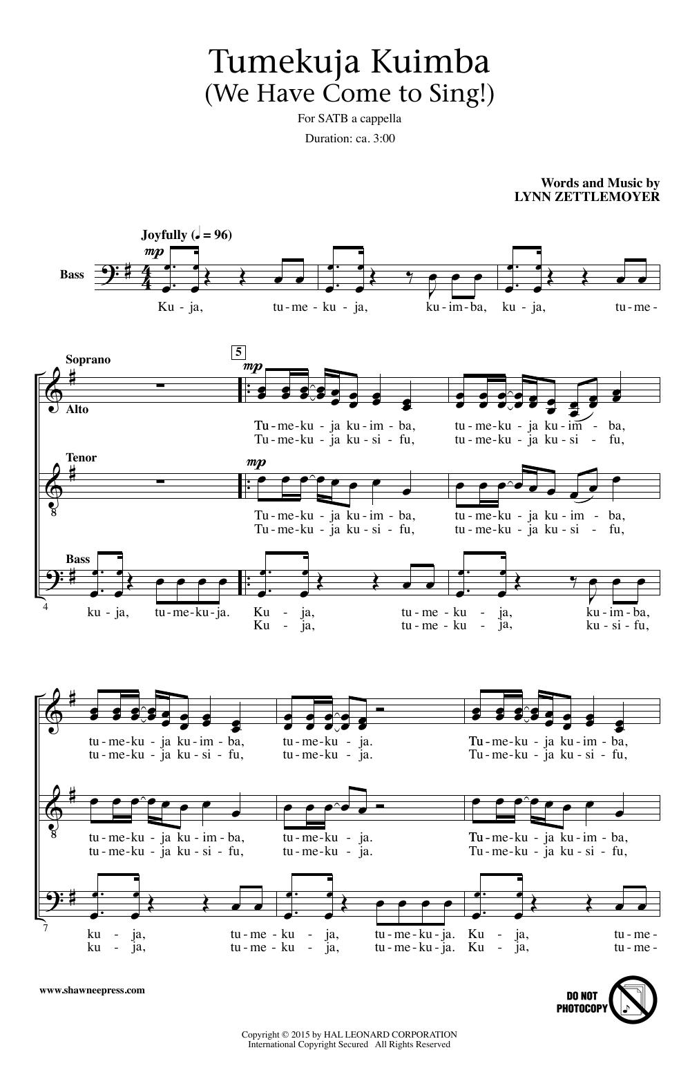 Download Lynn Zettlemoyer Tumekuja Kuimba (We Have Come To Sing!) Sheet Music and learn how to play SATB PDF digital score in minutes