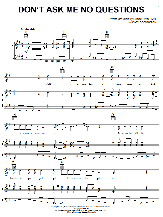 Download Lynyrd Skynyrd Don't Ask Me No Questions Sheet Music and learn how to play Guitar Tab (Single Guitar) PDF digital score in minutes