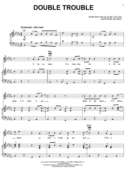 Download Lynyrd Skynyrd Double Trouble Sheet Music and learn how to play Piano, Vocal & Guitar (Right-Hand Melody) PDF digital score in minutes