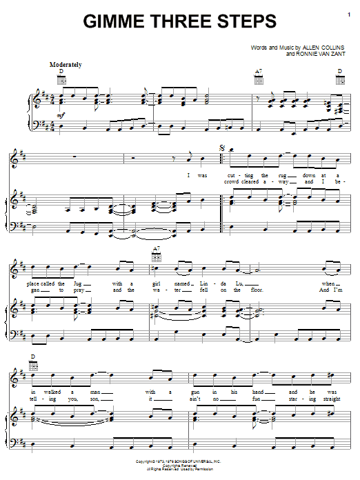 Download Lynyrd Skynyrd Gimme Three Steps Sheet Music and learn how to play Piano, Vocal & Guitar (Right-Hand Melody) PDF digital score in minutes