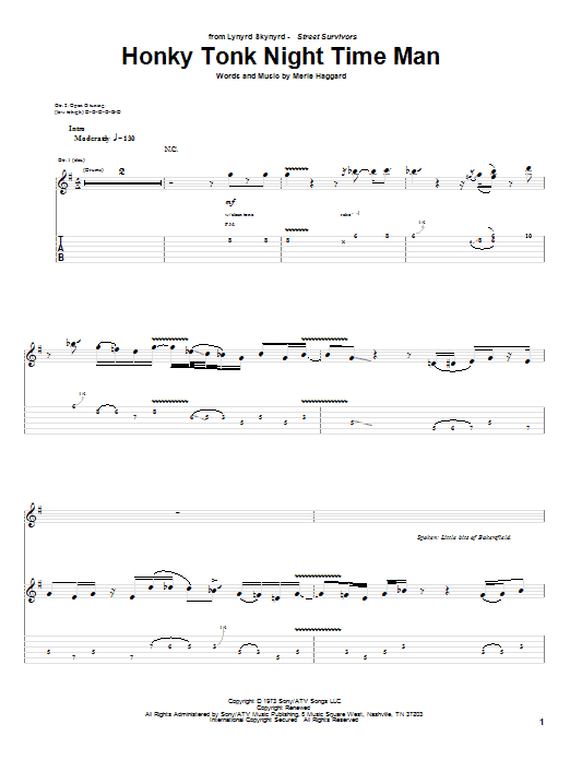 Download Lynyrd Skynyrd Honky Tonk Night Time Man Sheet Music and learn how to play Guitar Tab PDF digital score in minutes