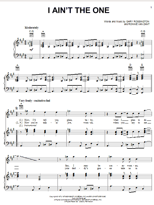 Download Lynyrd Skynyrd I Ain't The One Sheet Music and learn how to play Piano, Vocal & Guitar (Right-Hand Melody) PDF digital score in minutes