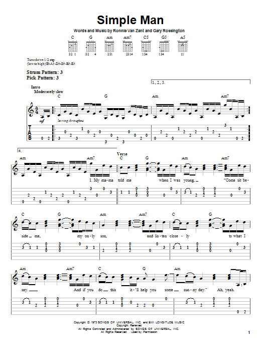 Download Lynyrd Skynyrd Simple Man Sheet Music and learn how to play Bass Guitar Tab PDF digital score in minutes