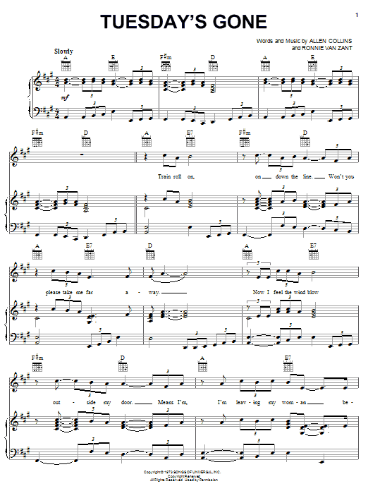 Download Lynyrd Skynyrd Tuesday's Gone Sheet Music and learn how to play Piano, Vocal & Guitar (Right-Hand Melody) PDF digital score in minutes
