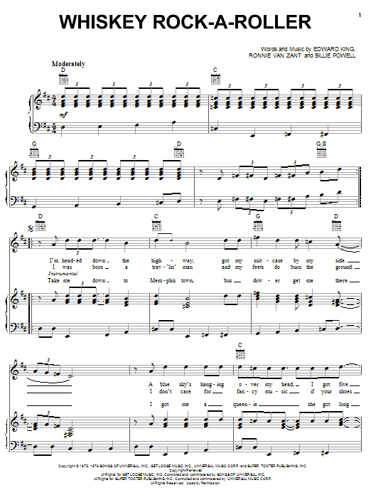 Download Lynyrd Skynyrd Whiskey Rock-A-Roller Sheet Music and learn how to play Piano, Vocal & Guitar (Right-Hand Melody) PDF digital score in minutes