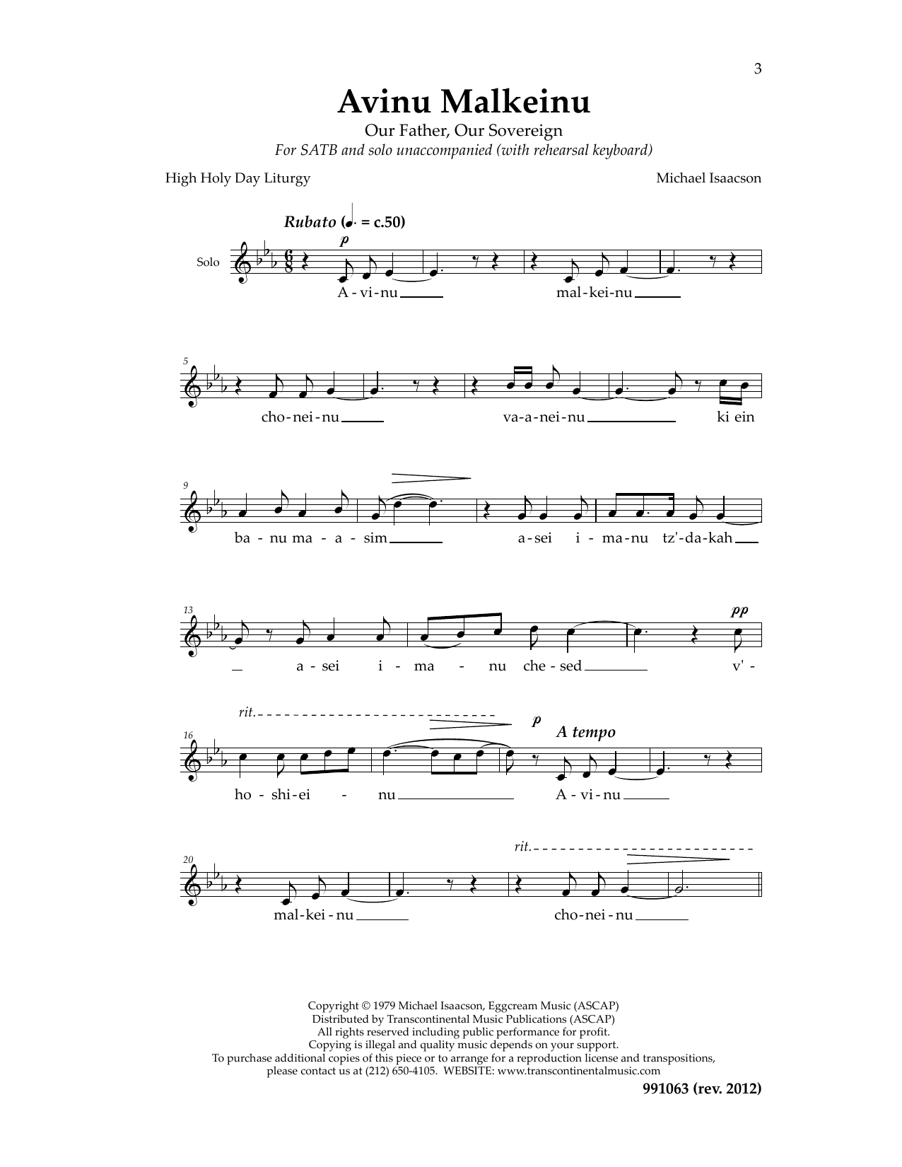 Download Michael Isaacson Avinu Malkeinu Cantor Sheet Music and learn how to play SATB PDF digital score in minutes