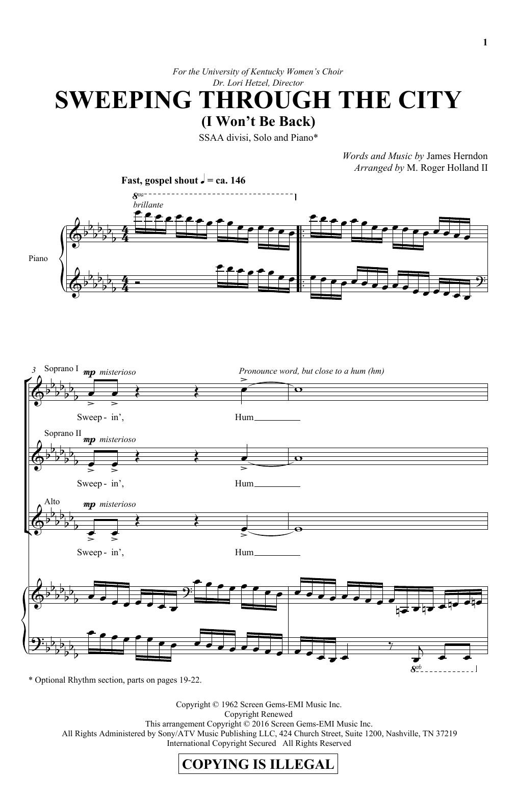 Download M. Roger Holland Sweeping Through The City (I Won't Be Back) Sheet Music and learn how to play SSA PDF digital score in minutes