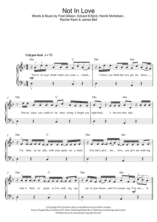 Download M.O Not In Love (feat. Kent Jones) Sheet Music and learn how to play Beginner Piano PDF digital score in minutes