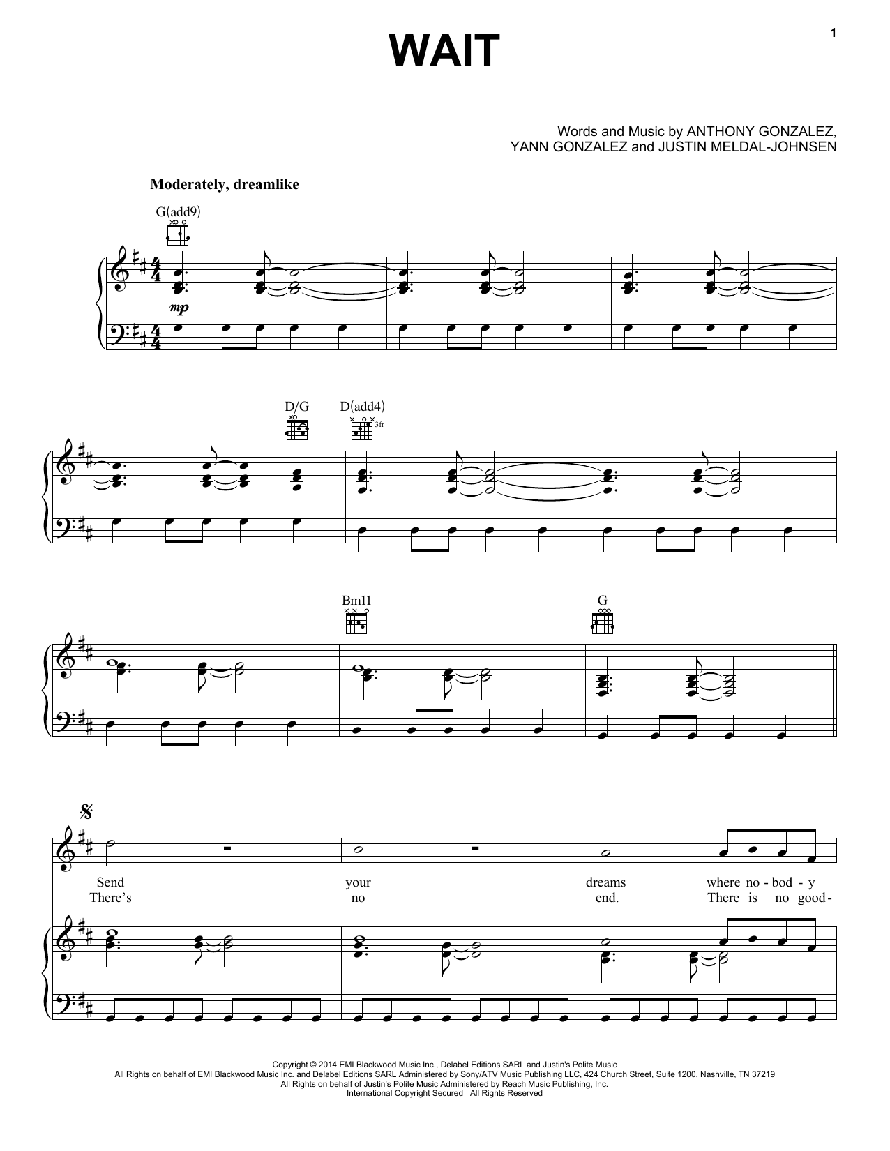 Download M83 Wait Sheet Music and learn how to play Piano, Vocal & Guitar (Right-Hand Melody) PDF digital score in minutes
