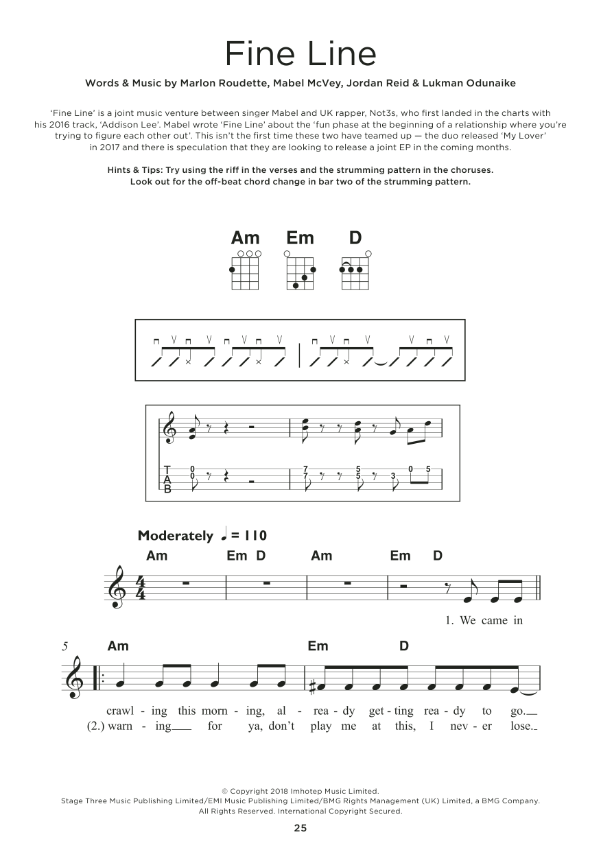 Download Mabel and Not3s Fine Line Sheet Music and learn how to play Really Easy Piano PDF digital score in minutes