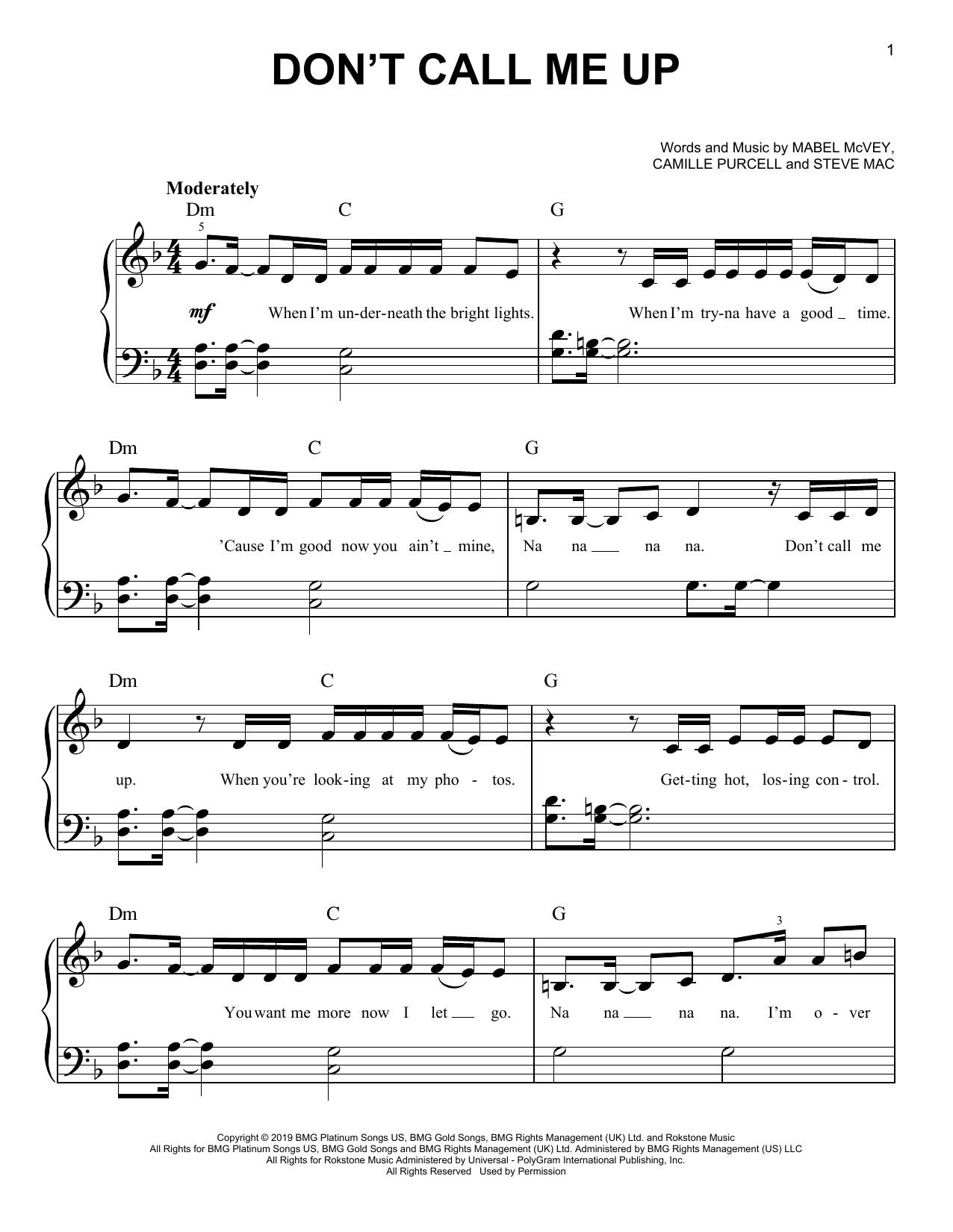 Download Mabel Don't Call Me Up Sheet Music and learn how to play Really Easy Piano PDF digital score in minutes