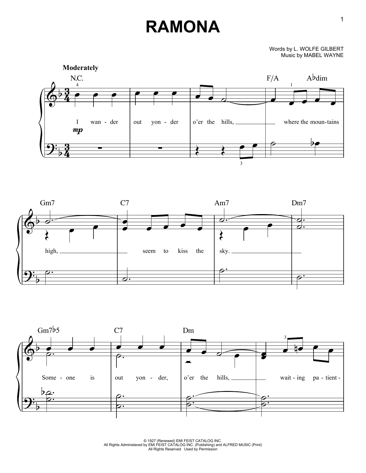 Download Mabel Wayne Ramona Sheet Music and learn how to play Easy Piano PDF digital score in minutes