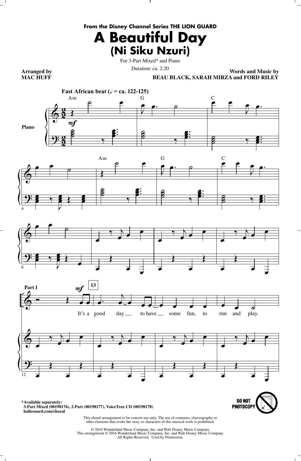 Download Mac Huff A Beautiful Day Sheet Music and learn how to play 3-Part Mixed PDF digital score in minutes