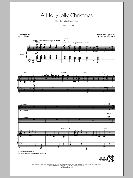 Download Mac Huff A Holly Jolly Christmas Sheet Music and learn how to play 3-Part Mixed Choir PDF digital score in minutes