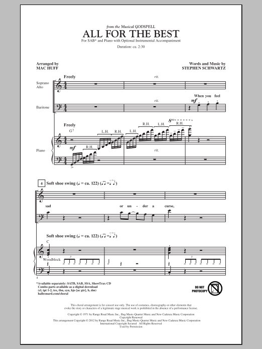 Download Stephen Schwartz All For The Best (arr. Mac Huff) Sheet Music and learn how to play SAB PDF digital score in minutes