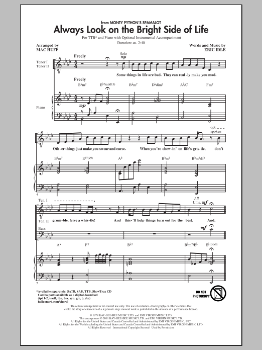 Download Mac Huff Always Look On The Bright Side Of Life Sheet Music and learn how to play Choral TTB PDF digital score in minutes