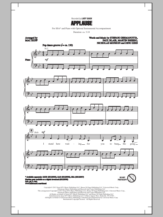 Download Lady Gaga Applause (arr. Mac Huff) Sheet Music and learn how to play SAB PDF digital score in minutes