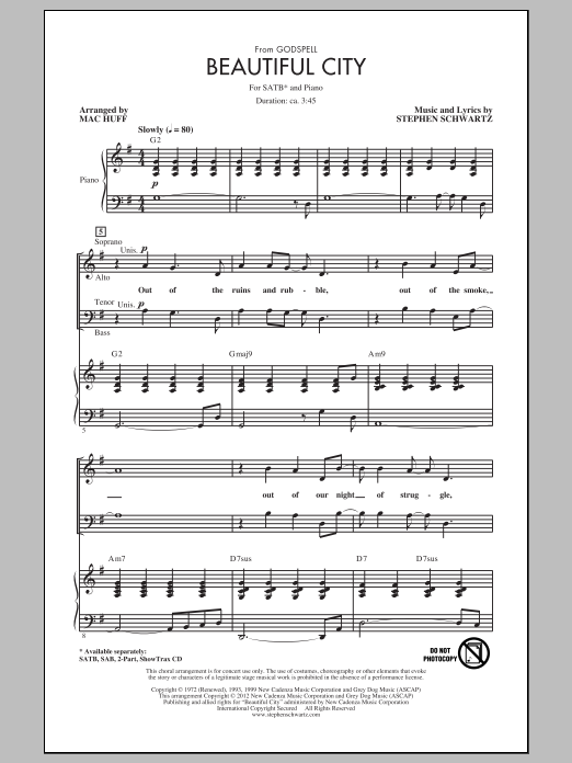 Download Stephen Schwartz Beautiful City (from Godspell) (arr. Mac Huff) Sheet Music and learn how to play SATB PDF digital score in minutes