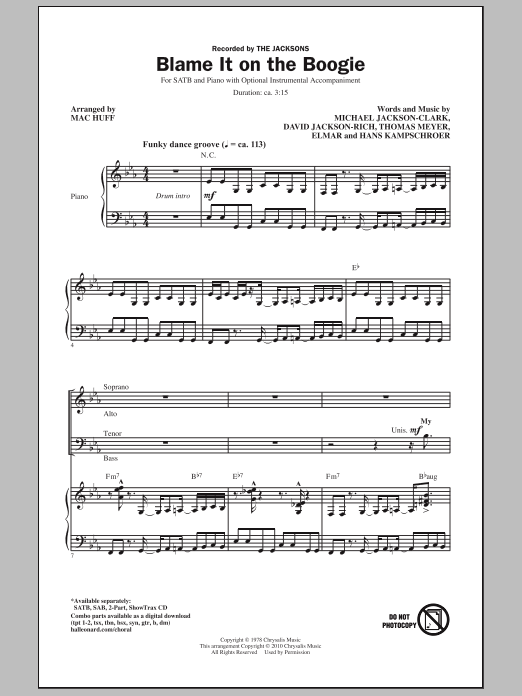 Download Mac Huff Blame It On The Boogie Sheet Music and learn how to play SAB Choir PDF digital score in minutes