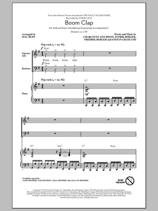 Download Charli XCX Boom Clap (arr. Mac Huff) Sheet Music and learn how to play 2-Part Choir PDF digital score in minutes
