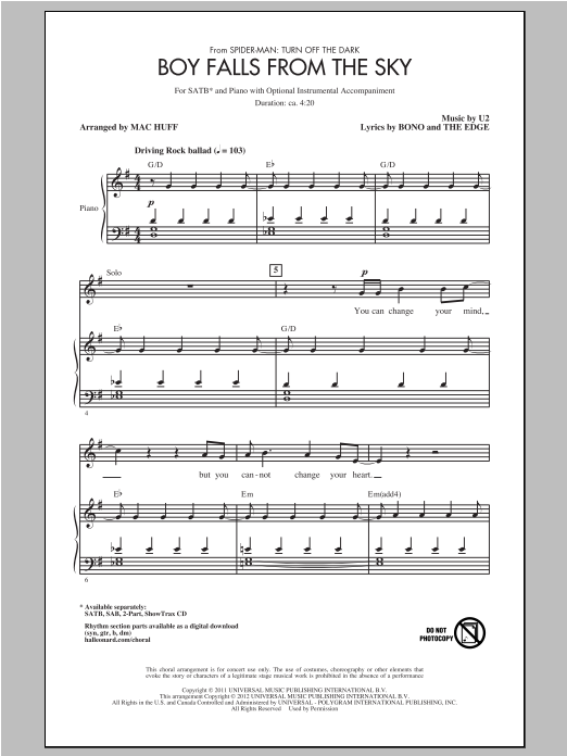 Download U2 Boy Falls From The Sky (arr. Mac Huff) Sheet Music and learn how to play SATB PDF digital score in minutes