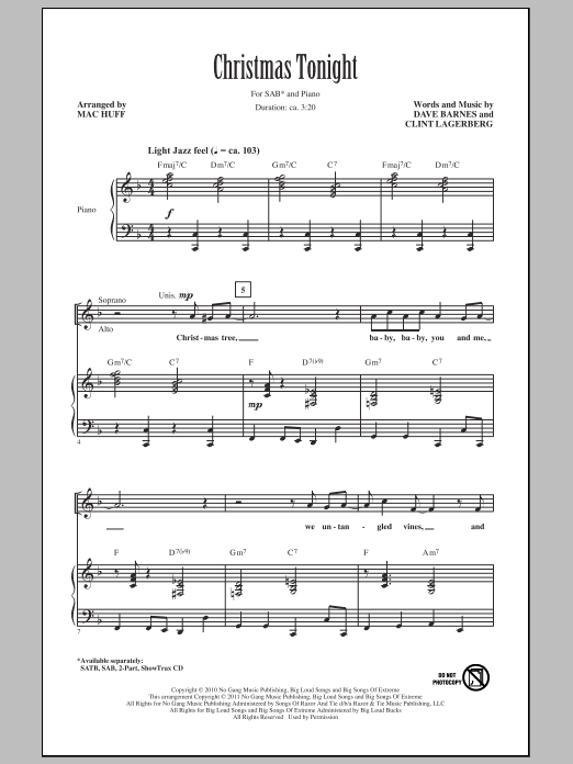 Download Mac Huff Christmas Tonight Sheet Music and learn how to play 2-Part Choir PDF digital score in minutes