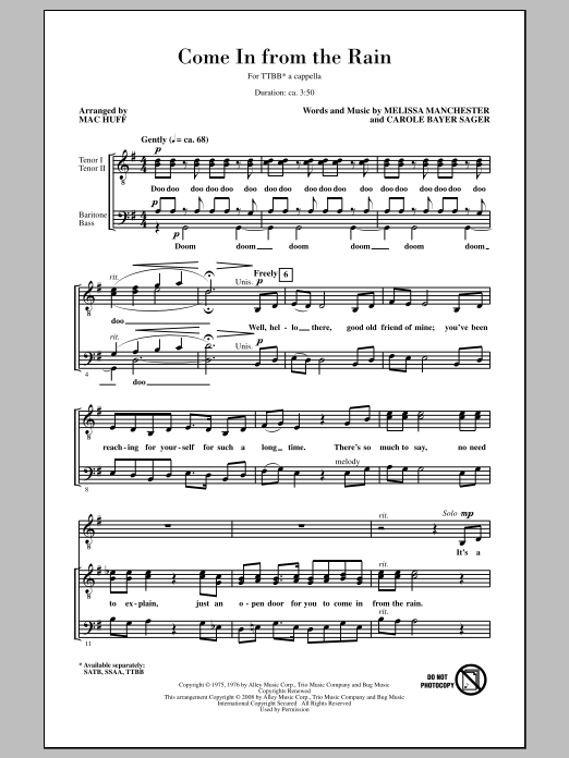 Download The Captain & Tennille Come In From The Rain (arr. Mac Huff) Sheet Music and learn how to play TTBB PDF digital score in minutes