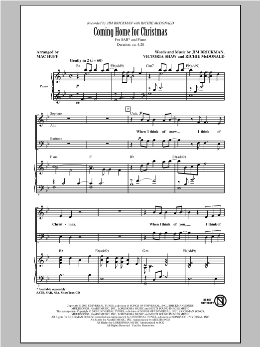 Download Jim Brickman Coming Home For Christmas (arr. Mac Huff) Sheet Music and learn how to play SSA PDF digital score in minutes