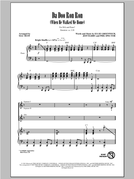 Download The Crystals Da Doo Ron Ron (When He Walked Me Home) (arr. Mac Huff) Sheet Music and learn how to play SSA PDF digital score in minutes