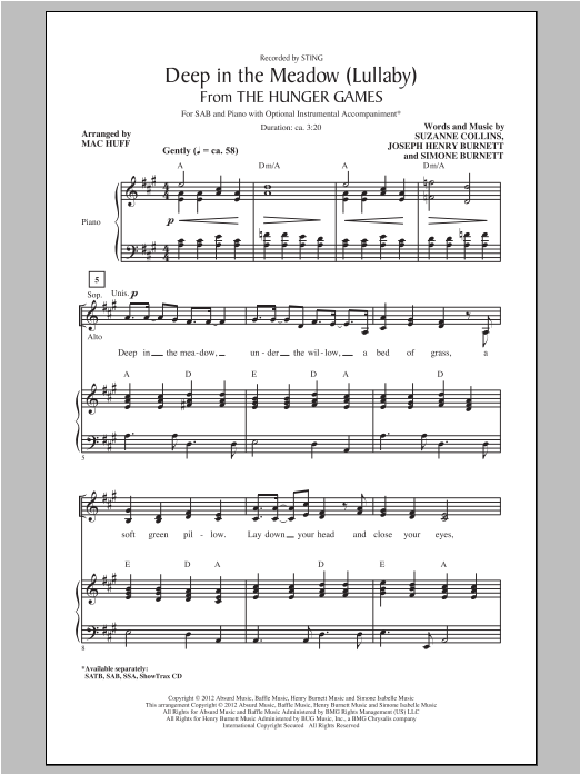 Download Sting Deep In The Meadow (arr. Mac Huff) Sheet Music and learn how to play SAB PDF digital score in minutes