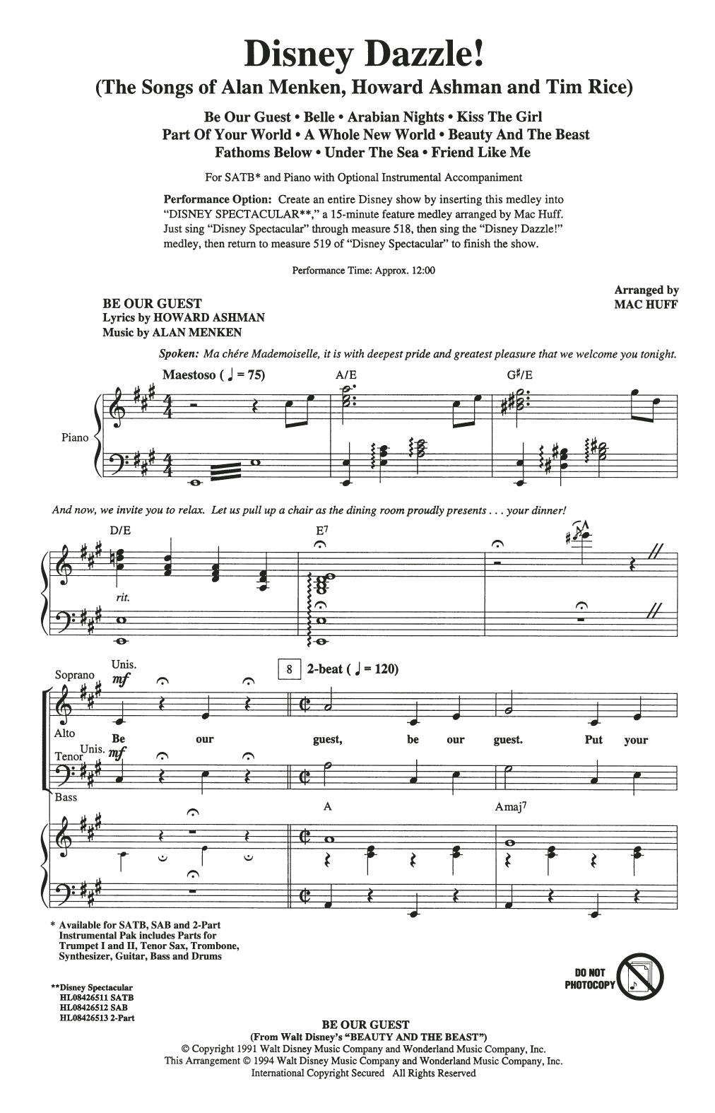 Download Mac Huff Disney Dazzle! (The Songs of Alan Menken, Howard Ashman and Tim Rice) (Medley) Sheet Music and learn how to play SAB Choir PDF digital score in minutes