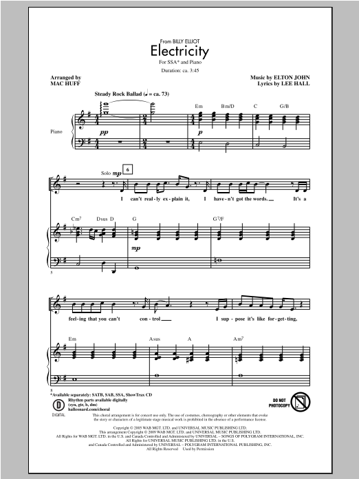 Download Elton John Electricity (arr. Mac Huff) Sheet Music and learn how to play SSA PDF digital score in minutes
