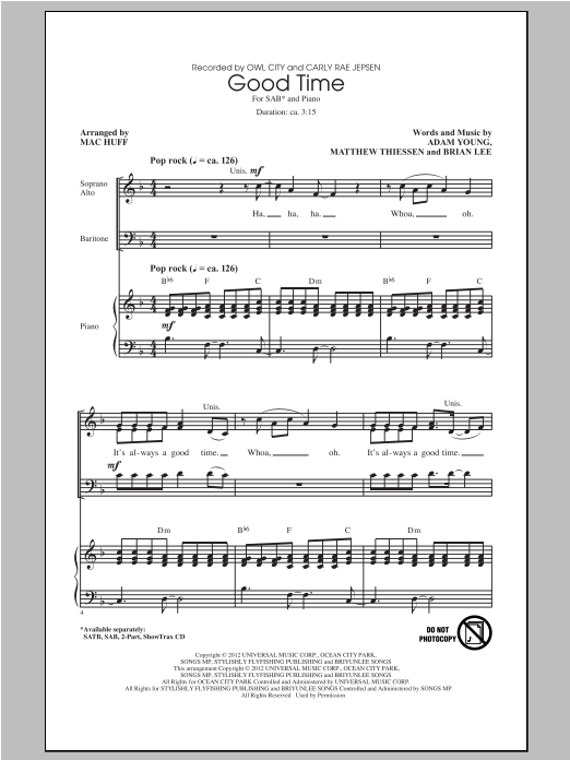 Download Owl City Good Time (arr. Mac Huff) (feat. Carly Rae Jepsen) Sheet Music and learn how to play SATB PDF digital score in minutes