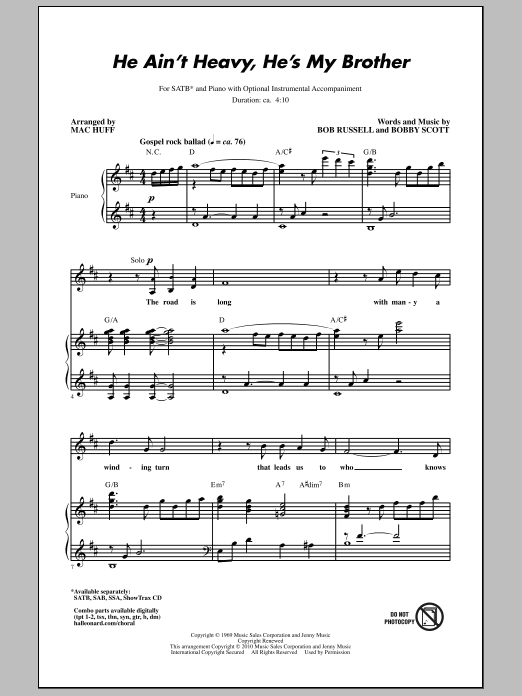 Download Mac Huff He Ain't Heavy, He's My Brother Sheet Music and learn how to play SATB Choir PDF digital score in minutes
