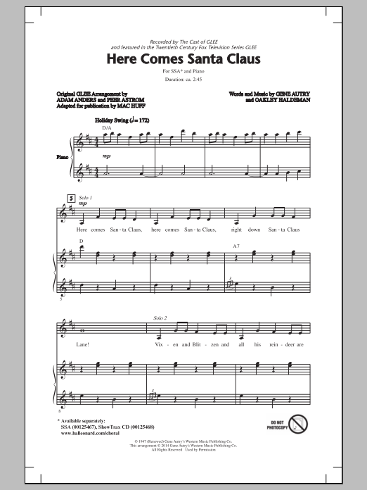 Download Glee Cast Here Comes Santa Claus (Right Down Santa Claus Lane) (arr. Mac Huff) Sheet Music and learn how to play SSA PDF digital score in minutes