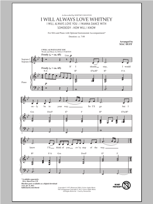Download Mac Huff I Will Always Love Whitney Sheet Music and learn how to play SSA PDF digital score in minutes