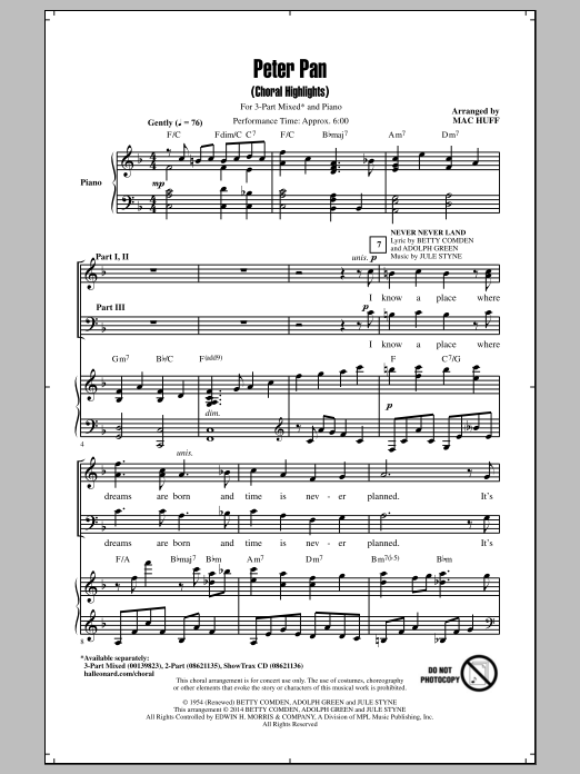 Download Mac Huff Peter Pan (Choral Highlights) Sheet Music and learn how to play 3-Part Mixed PDF digital score in minutes