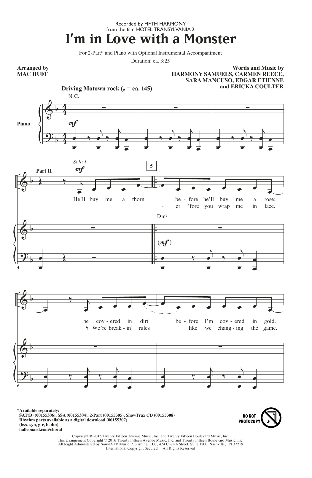 Download Fifth Harmony I'm In Love With A Monster (arr. Mac Huff) Sheet Music and learn how to play 2-Part Choir PDF digital score in minutes