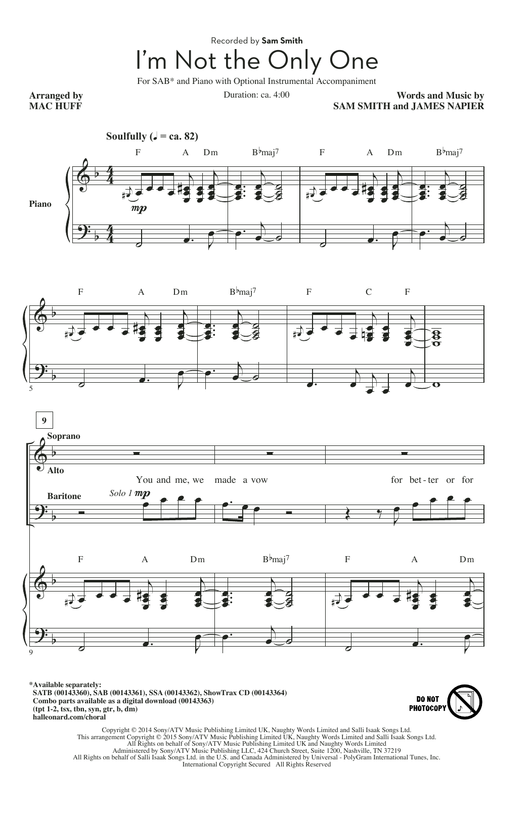 Download Sam Smith I'm Not The Only One (arr. Mac Huff) Sheet Music and learn how to play SSA PDF digital score in minutes