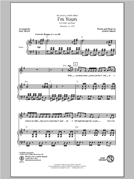 Download Jason Mraz I'm Yours (arr. Mac Huff) Sheet Music and learn how to play SAB PDF digital score in minutes