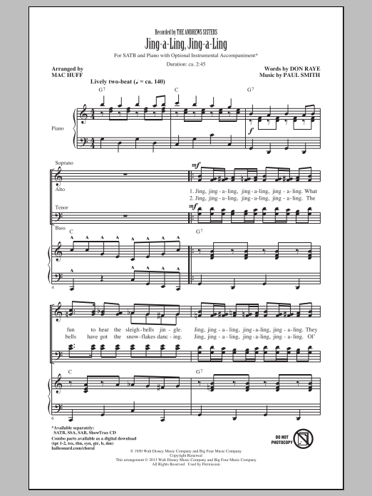 Download The Andrews Sisters Jing-A-Ling, Jing-A-Ling (arr. Mac Huff) Sheet Music and learn how to play SATB PDF digital score in minutes