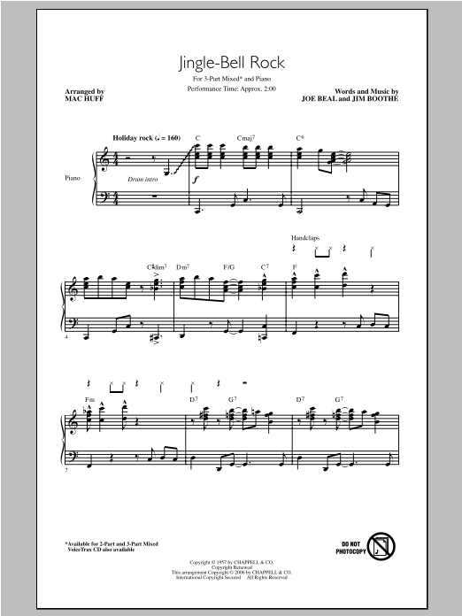 Download Bobby Helms Jingle Bell Rock (arr. Mac Huff) Sheet Music and learn how to play 3-Part Mixed PDF digital score in minutes