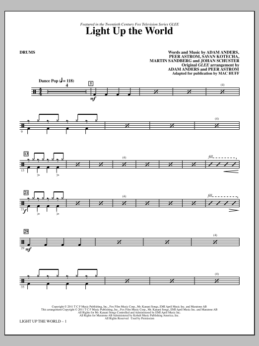 Download Mac Huff Light Up The World - Drums Sheet Music and learn how to play Choir Instrumental Pak PDF digital score in minutes
