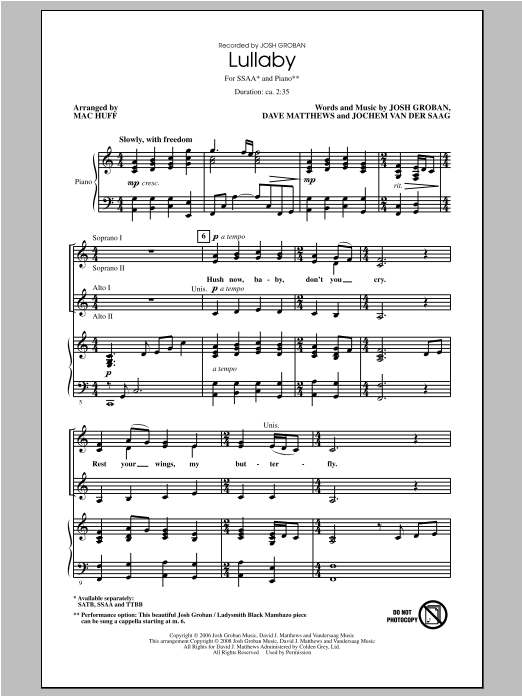 Download Josh Groban Lullaby (arr. Mac Huff) Sheet Music and learn how to play SSA PDF digital score in minutes