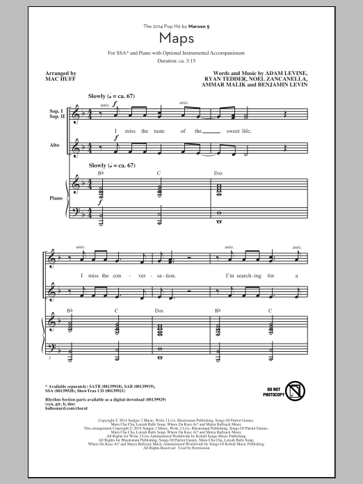 Download Maroon 5 Maps (arr. Mac Huff) Sheet Music and learn how to play SSA PDF digital score in minutes