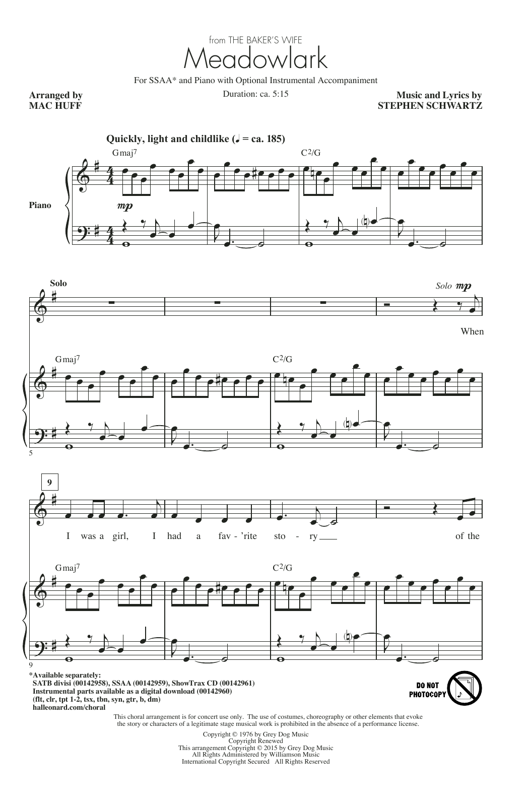 Download Stephen Schwartz Meadowlark (Arr. Mac Huff) Sheet Music and learn how to play SSA PDF digital score in minutes