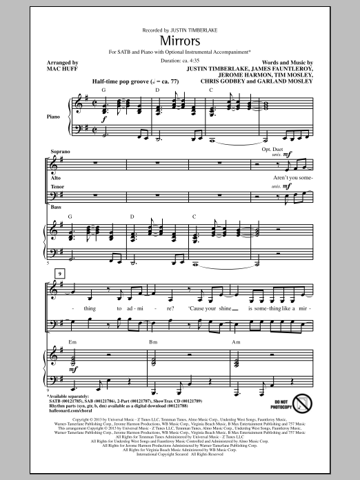 Download Justin Timberlake Mirrors (arr. Mac Huff) Sheet Music and learn how to play SATB PDF digital score in minutes