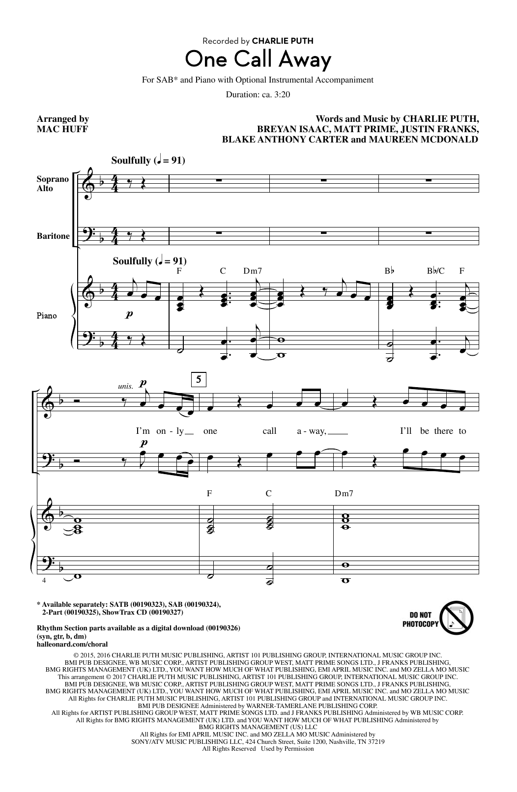 Download Mac Huff One Call Away Sheet Music and learn how to play 2-Part Choir PDF digital score in minutes