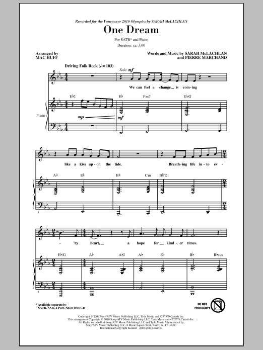 Download Mac Huff One Dream Sheet Music and learn how to play SAB Choir PDF digital score in minutes