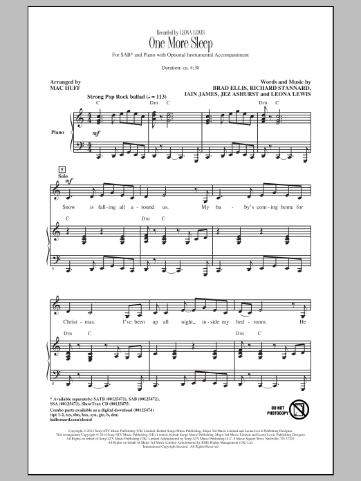 Download Leona Lewis One More Sleep (arr. Mac Huff) Sheet Music and learn how to play SATB PDF digital score in minutes